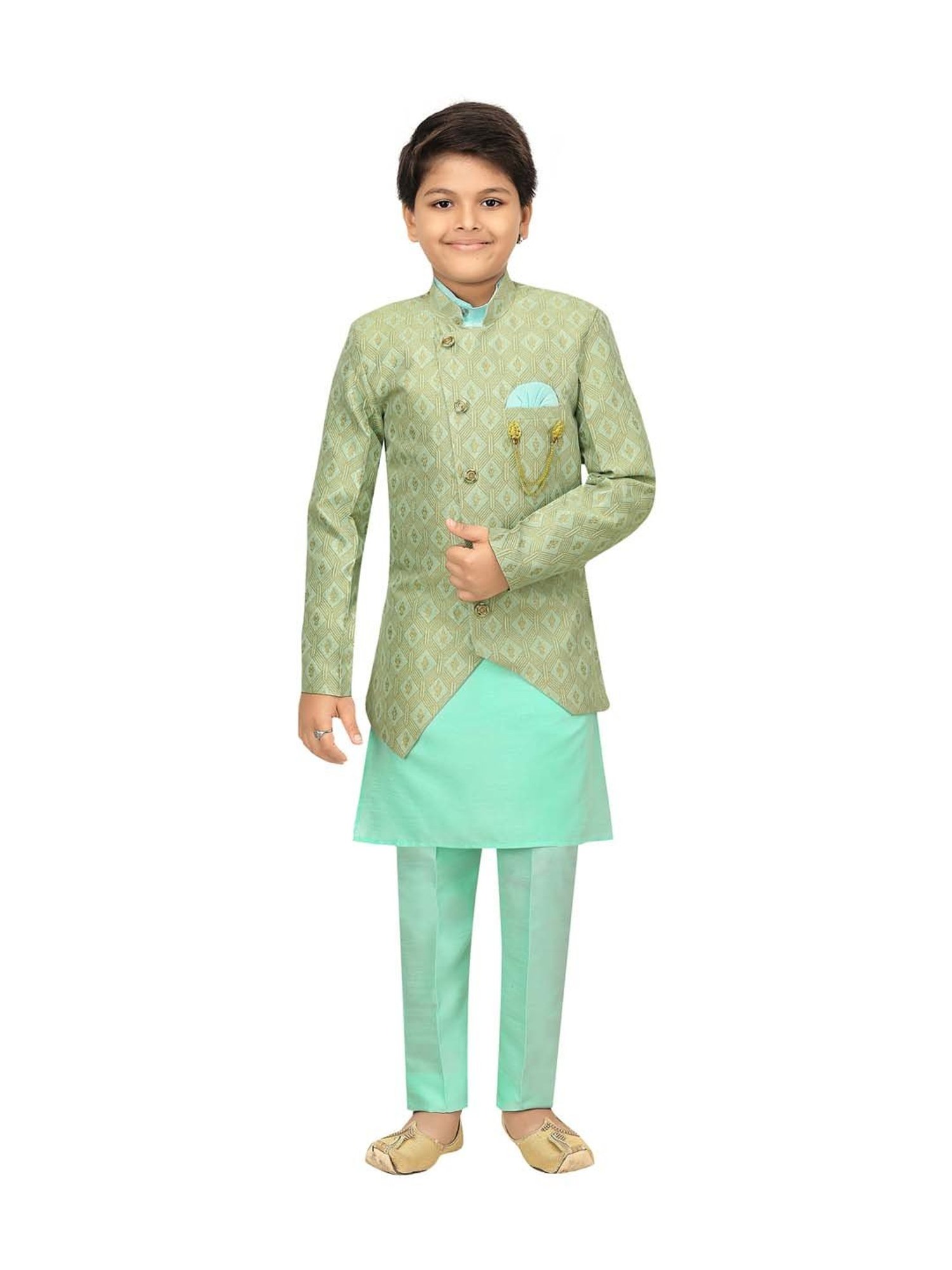 Ahhaaaa Kids Aqua Green Cotton Printed Full Sleeves Kurta Set