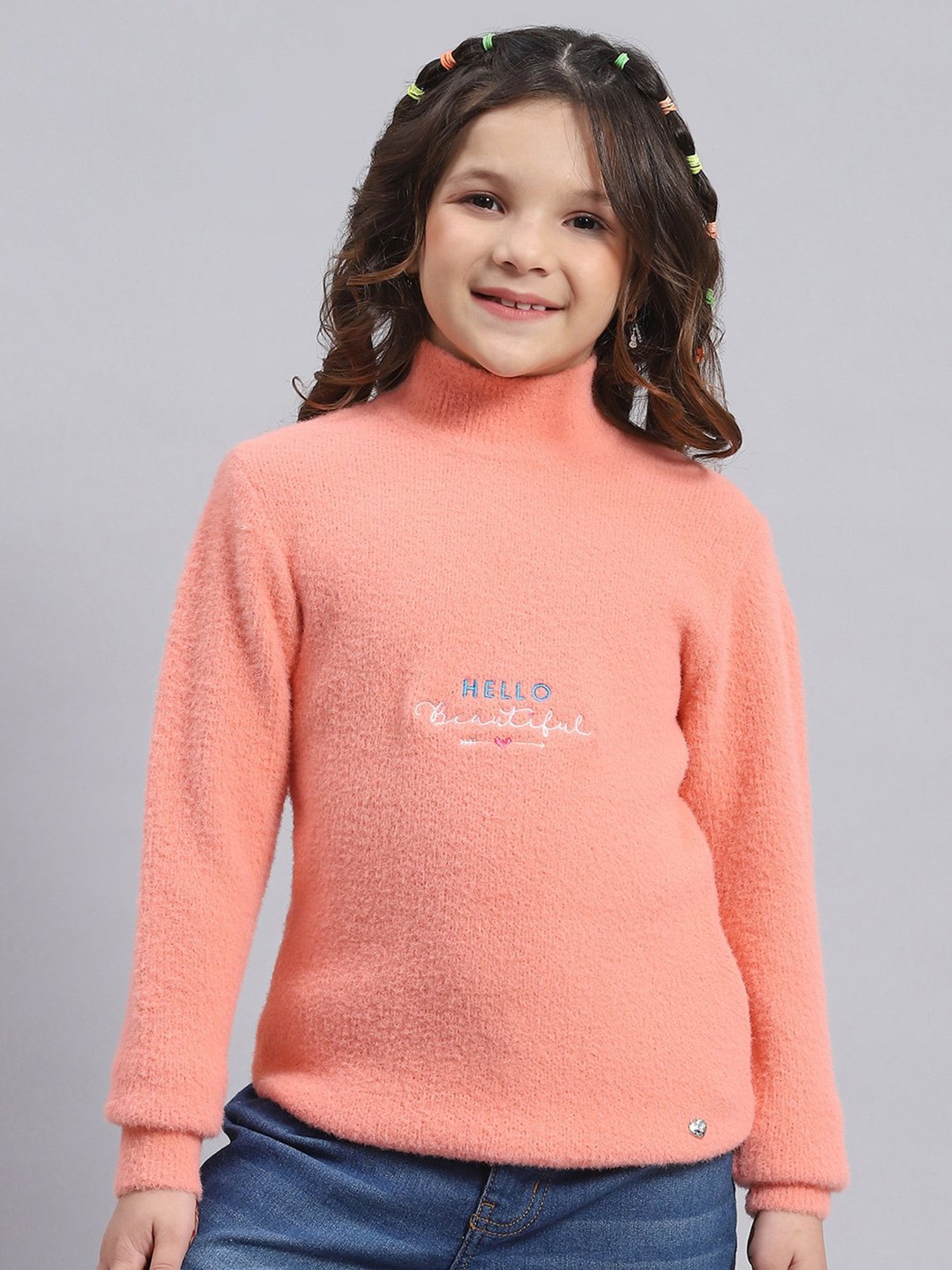 Monte Carlo Kids Peach Solid Full Sleeves Sweater