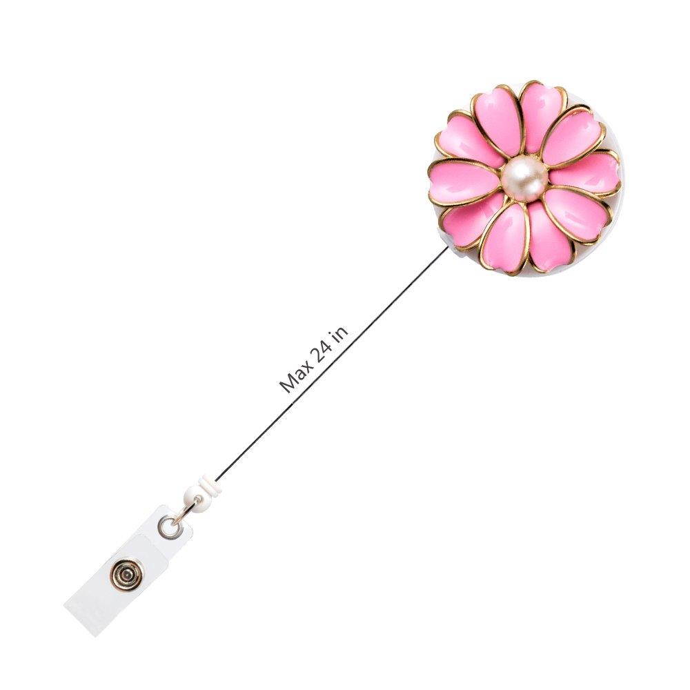 Qinsuee Retractable Badge Holder, ID Badge Reel with Pearl, 3 Pack (Pink)