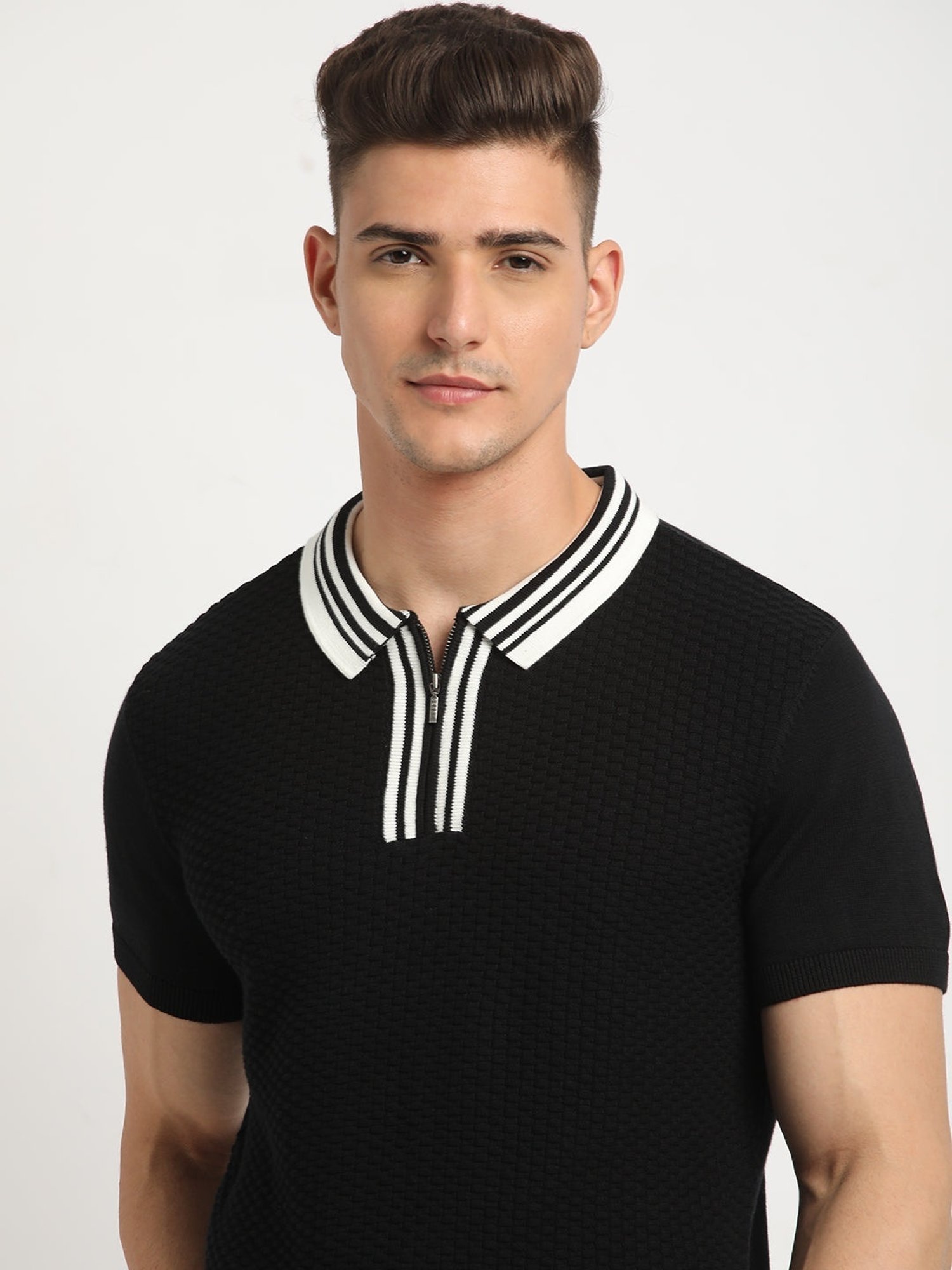 The Bear House Black Cotton Regular Fit Self Pattern Polo T-Shirt