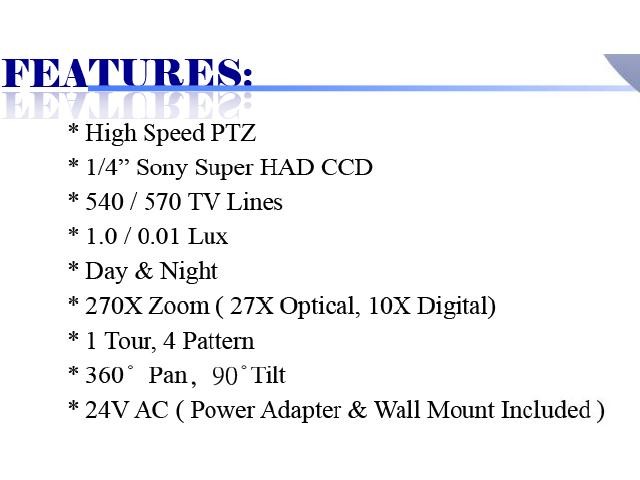 540/570 TV Lines 270x Zoom High Speed Day & Night PTZ Camera ( 24V AC, Power Adapter Included )