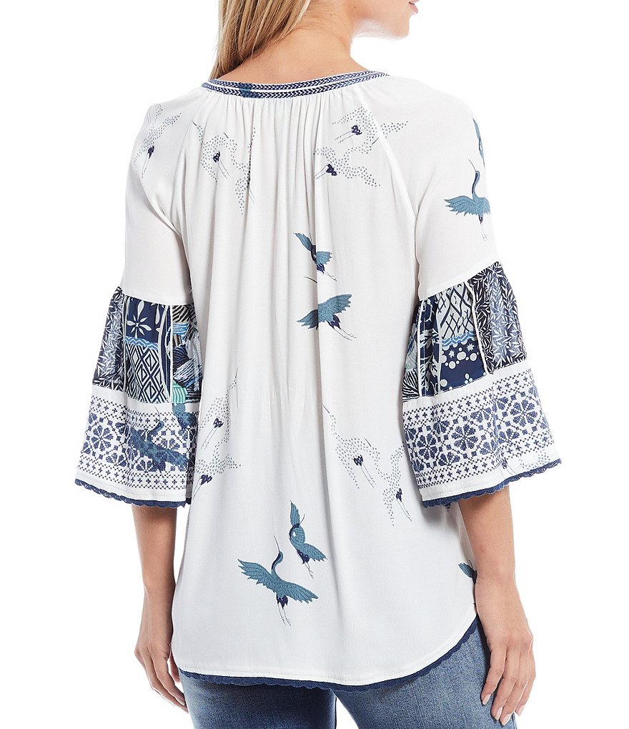 John Mark Bird Print Tassel Tie Embroidered Sleeve Tunic