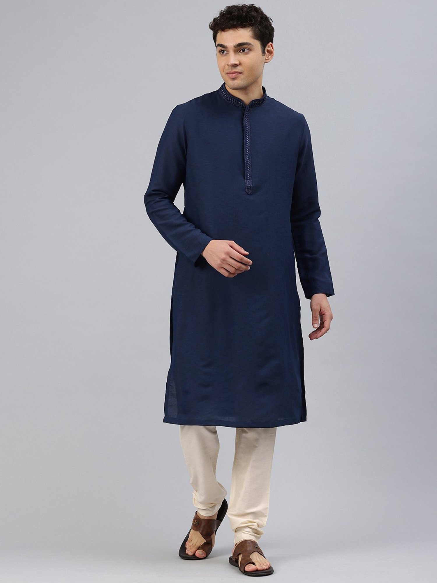 Manthan Navy & Cream Regular Fit Kurta & Pyjamas Set