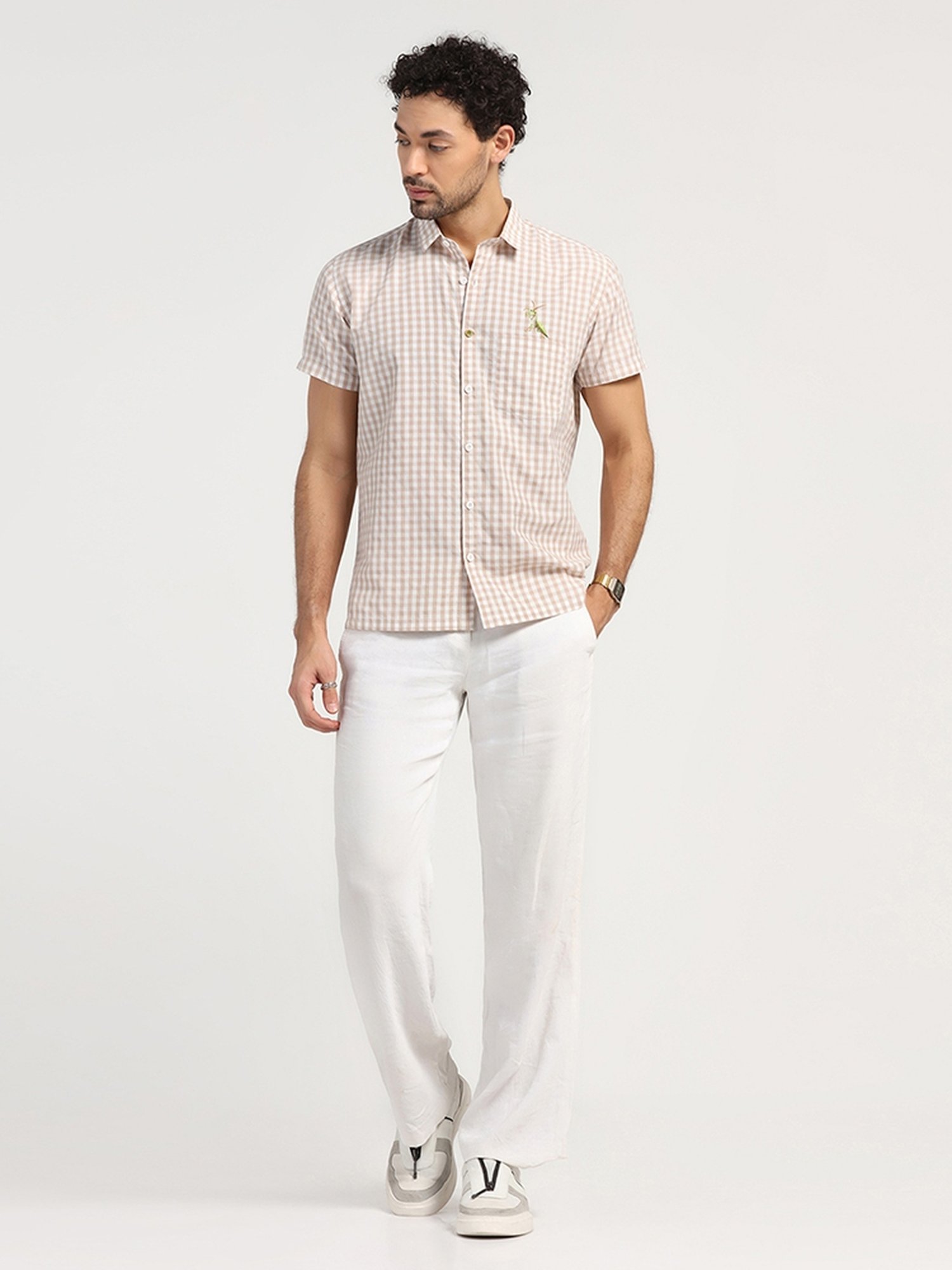 Lela Beige Regular Fit Embroidered Shirt