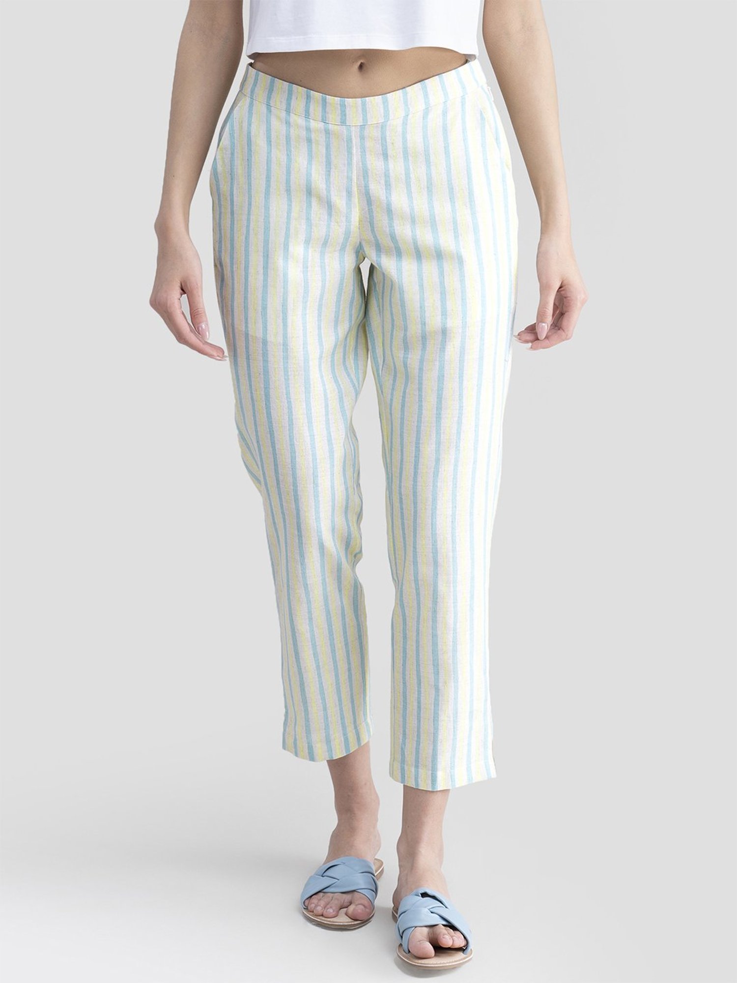 Pink Fort Yellow & Blue Cotton Striped Pants