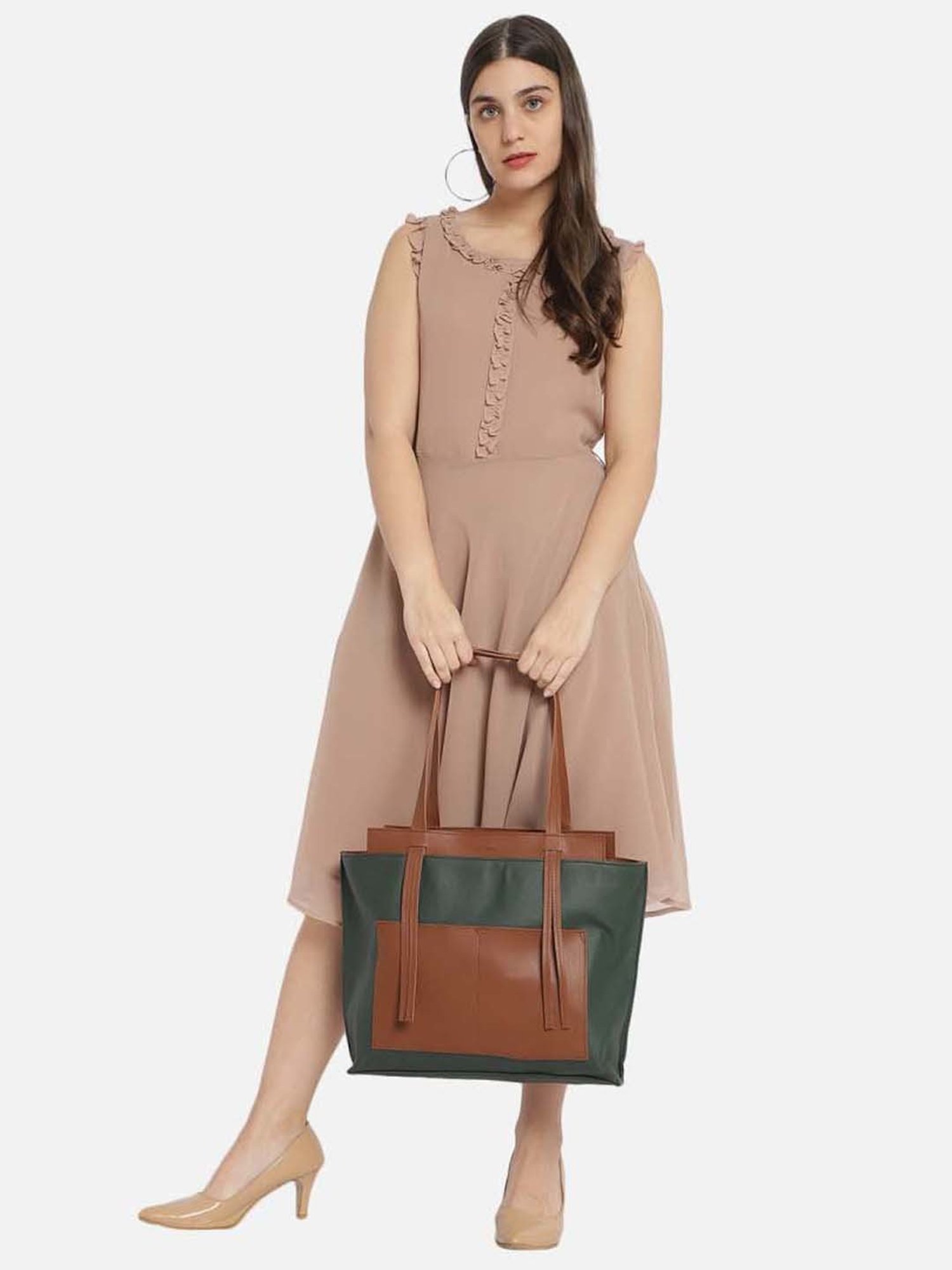 Yelloe Green & Tan Solid Large Tote Handbag