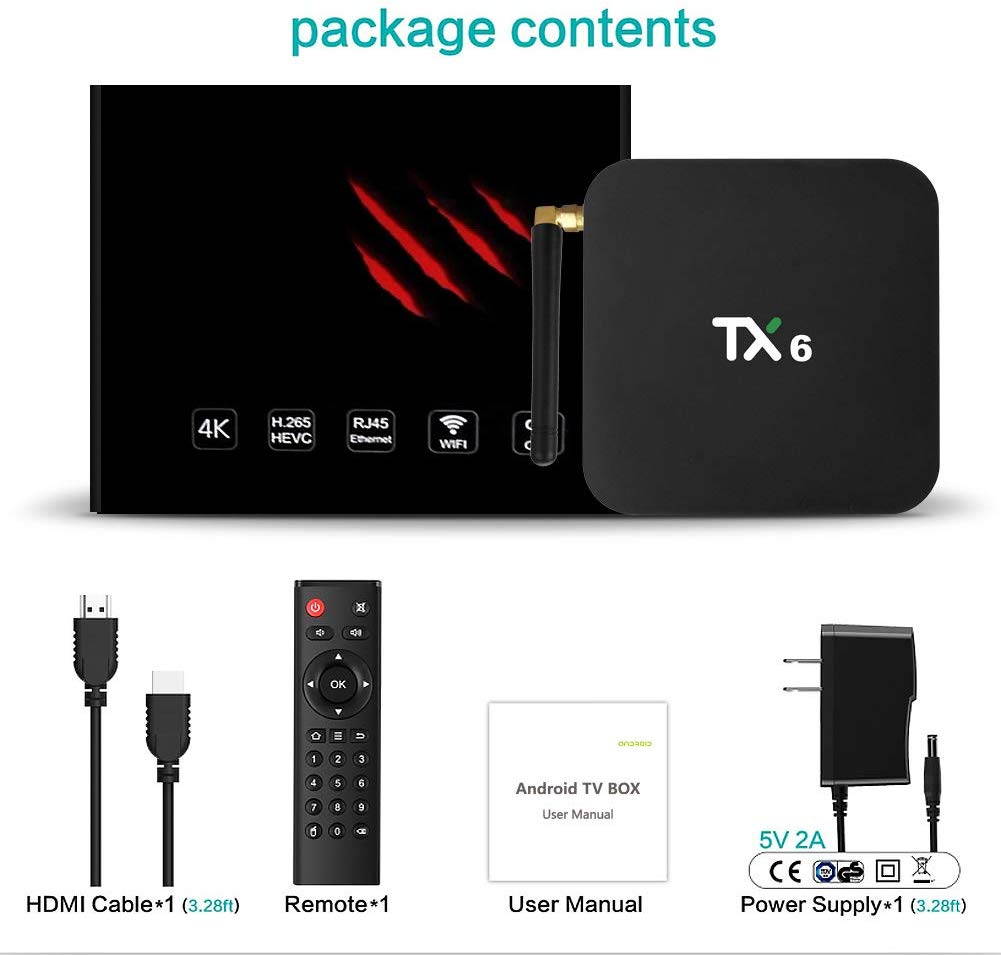 New Android 9.0 TV Box,TX6 Android TV Box 4GB DDR3 64GB EMMC Dual WiFi 2.4G+5G Bluetooth Quad Core 3D 4K Ultra HD H.265 USB3.0 Android TV Set Top Box