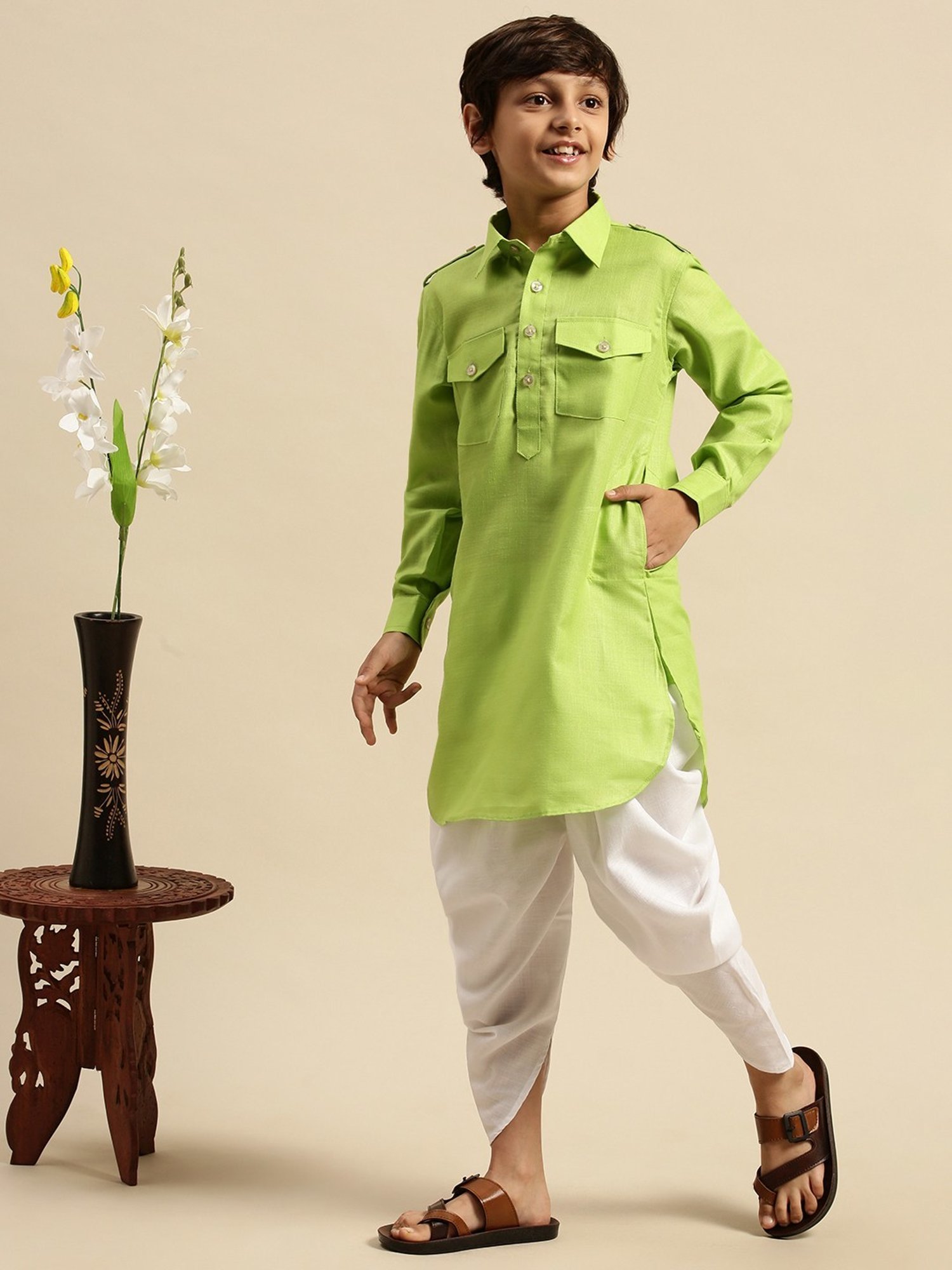 Sanwara Kids Light Green Solid Pathani Kurta