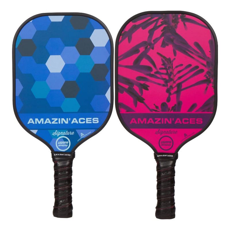 Amazin Aces Signature Pickleball Set with 2 Graphite Face Paddles, 4 Balls, Paddle Covers, and Carry Bag, Blue and Pink