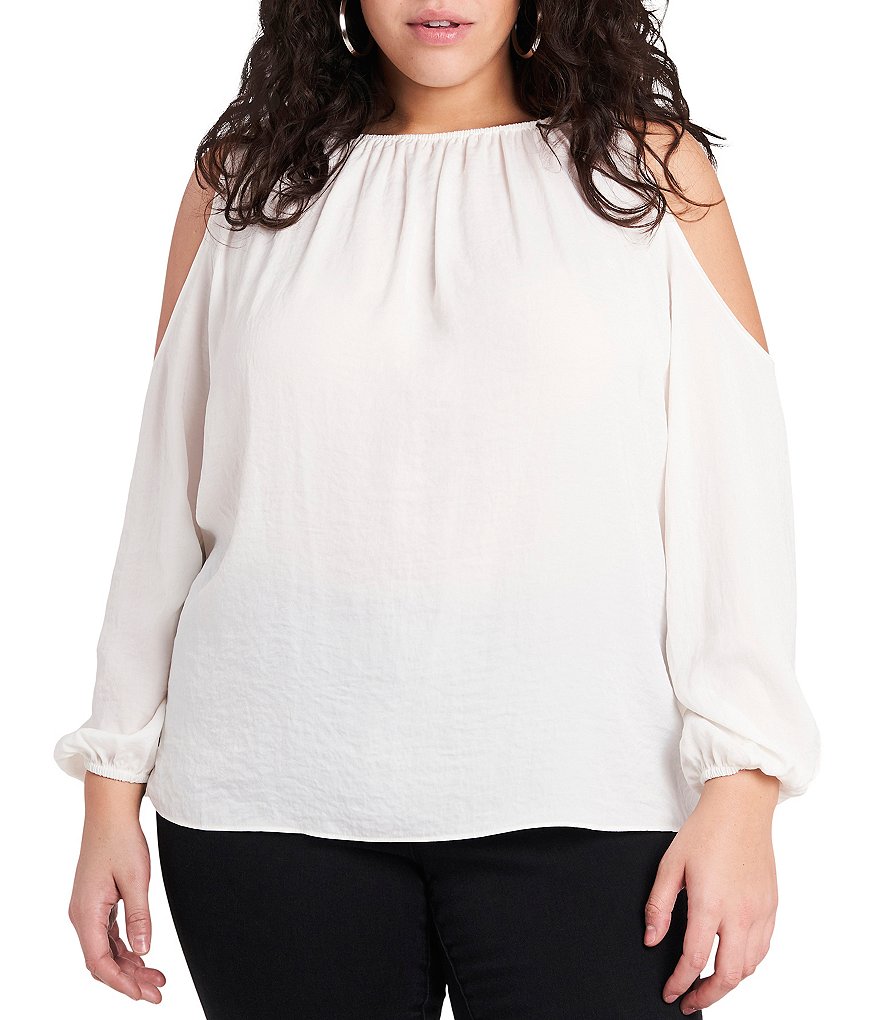 1. STATE Plus Size Crew Neck Long Sleeve Cold Shoulder Blouse