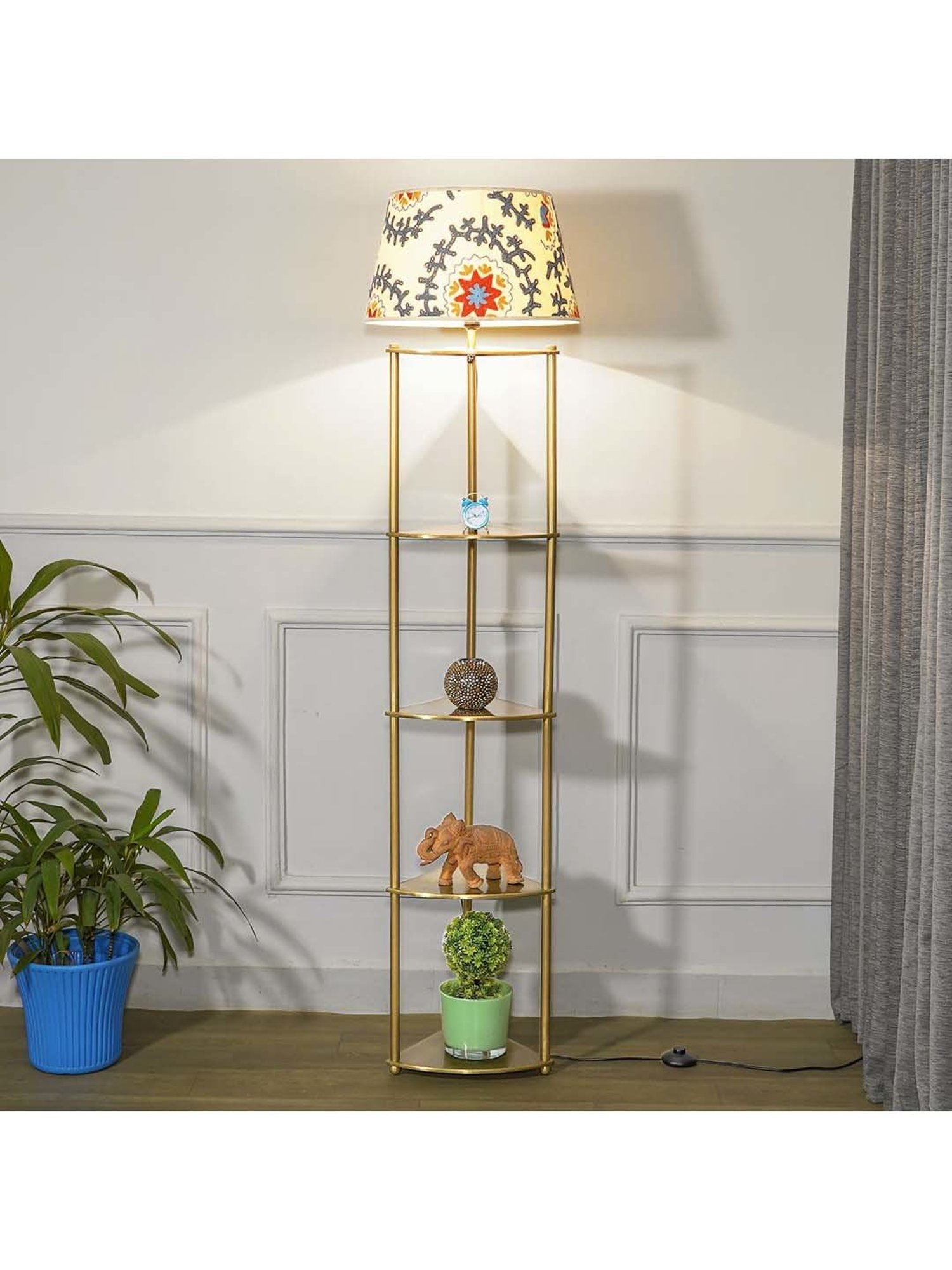 Kapoor E Illuminations Devan Antique Brass Metal Multiutility Shelf Floor Lamp