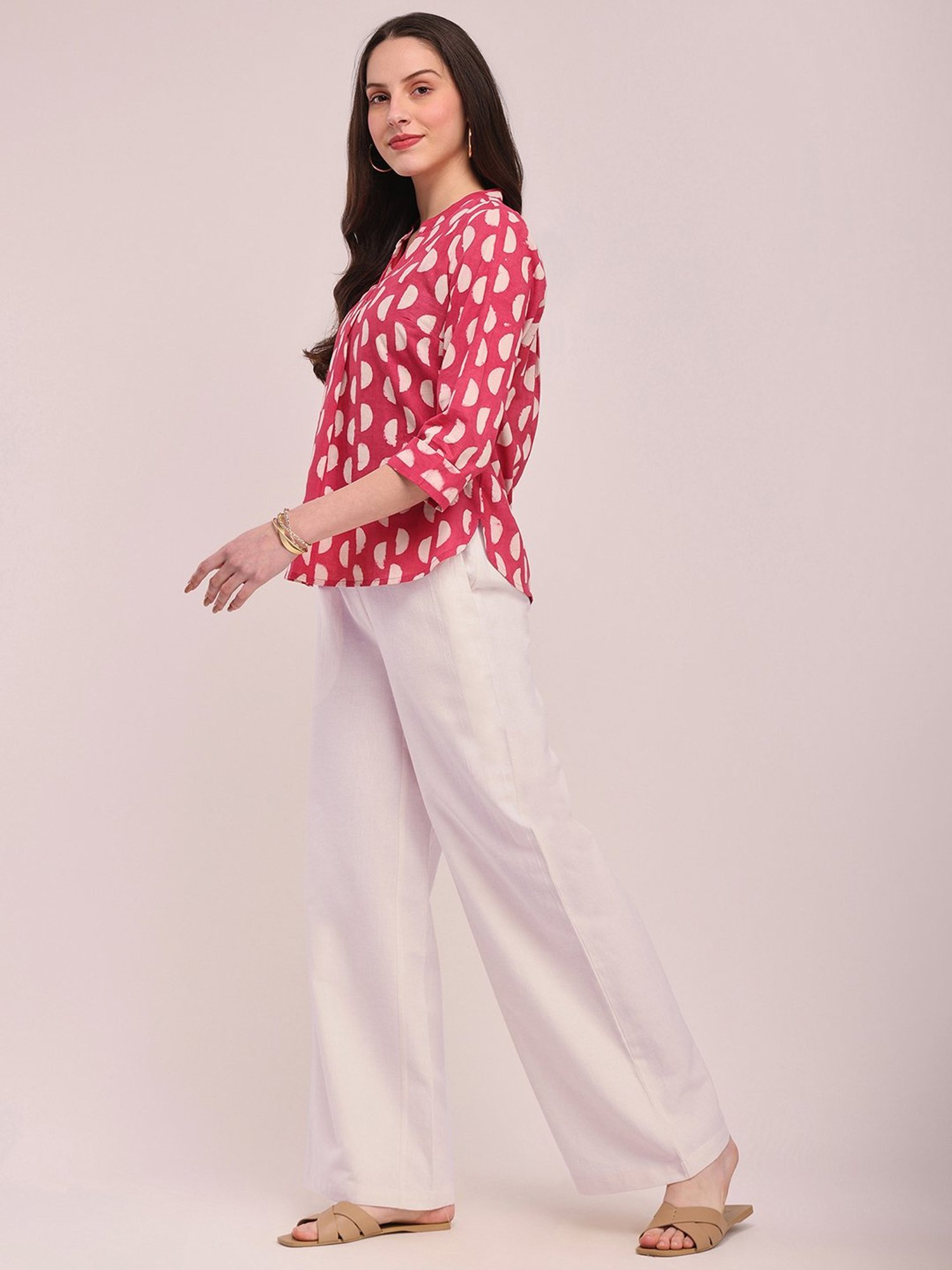 Pink Fort Off-White Cotton Relaxed Fit Palazzos