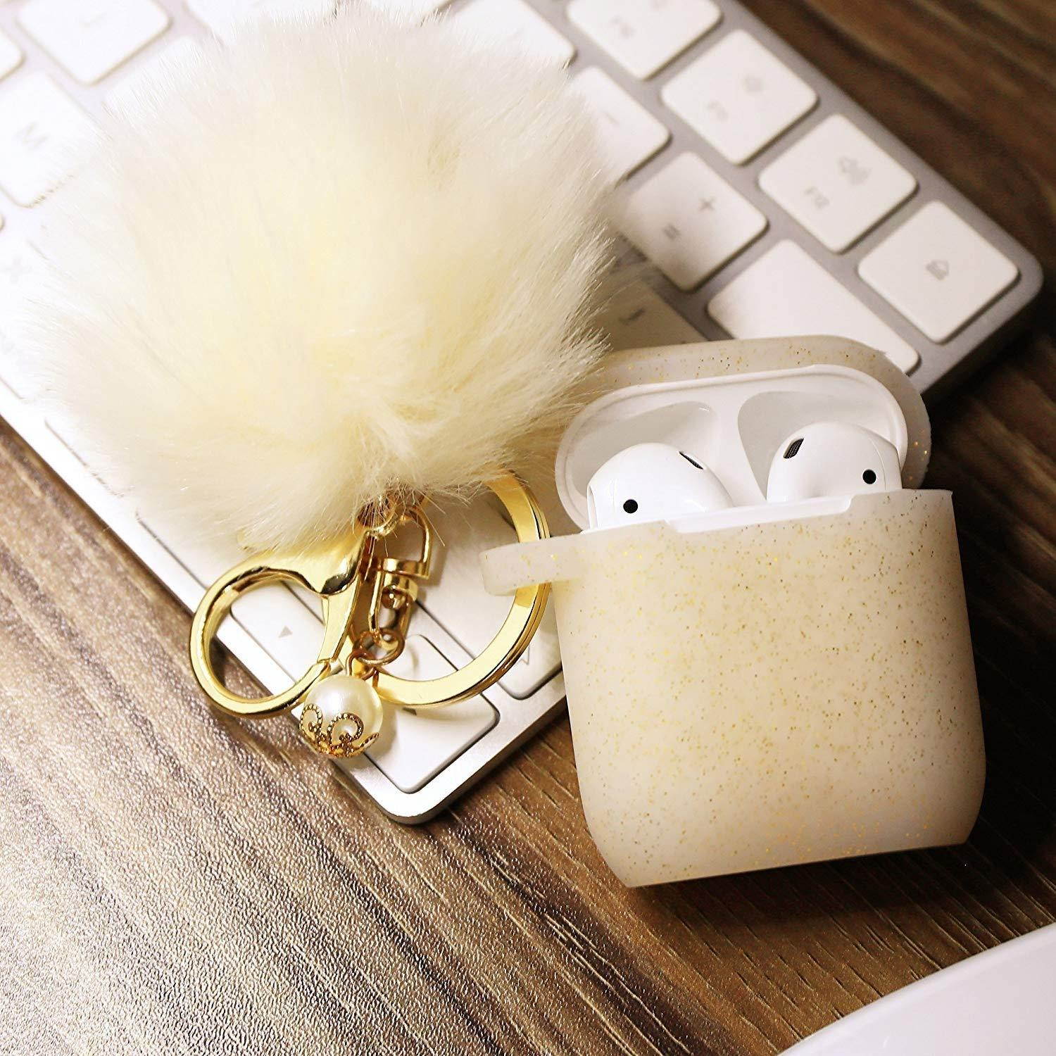 Airpods Case - Filoto Airpods Silicone Cute Glittery Case Cover with Keychain/Strap for Apple Airpod (Gold)
