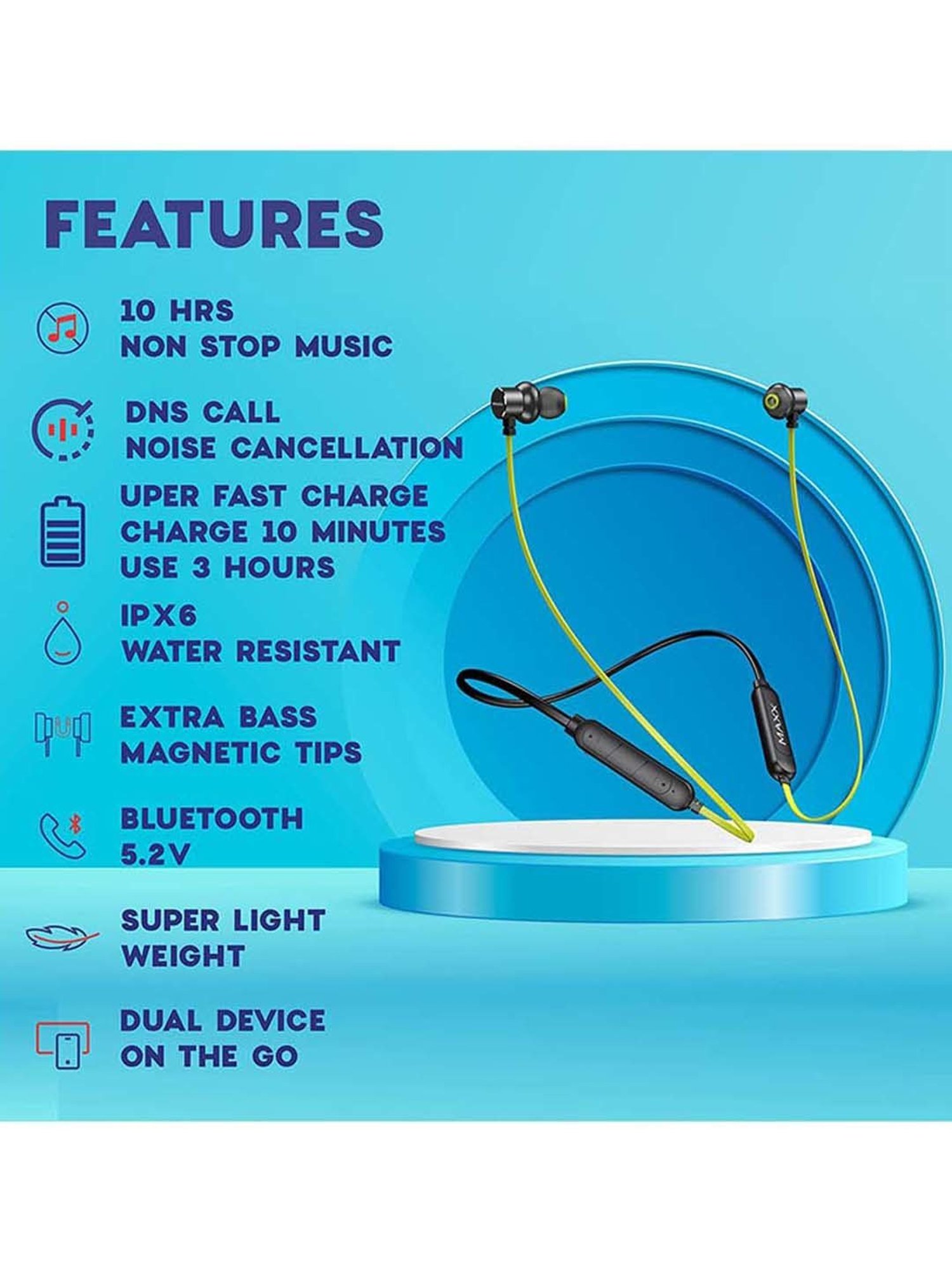 Maxx NX9 Wireless Neckband with Rapid Charge (Black/Green)