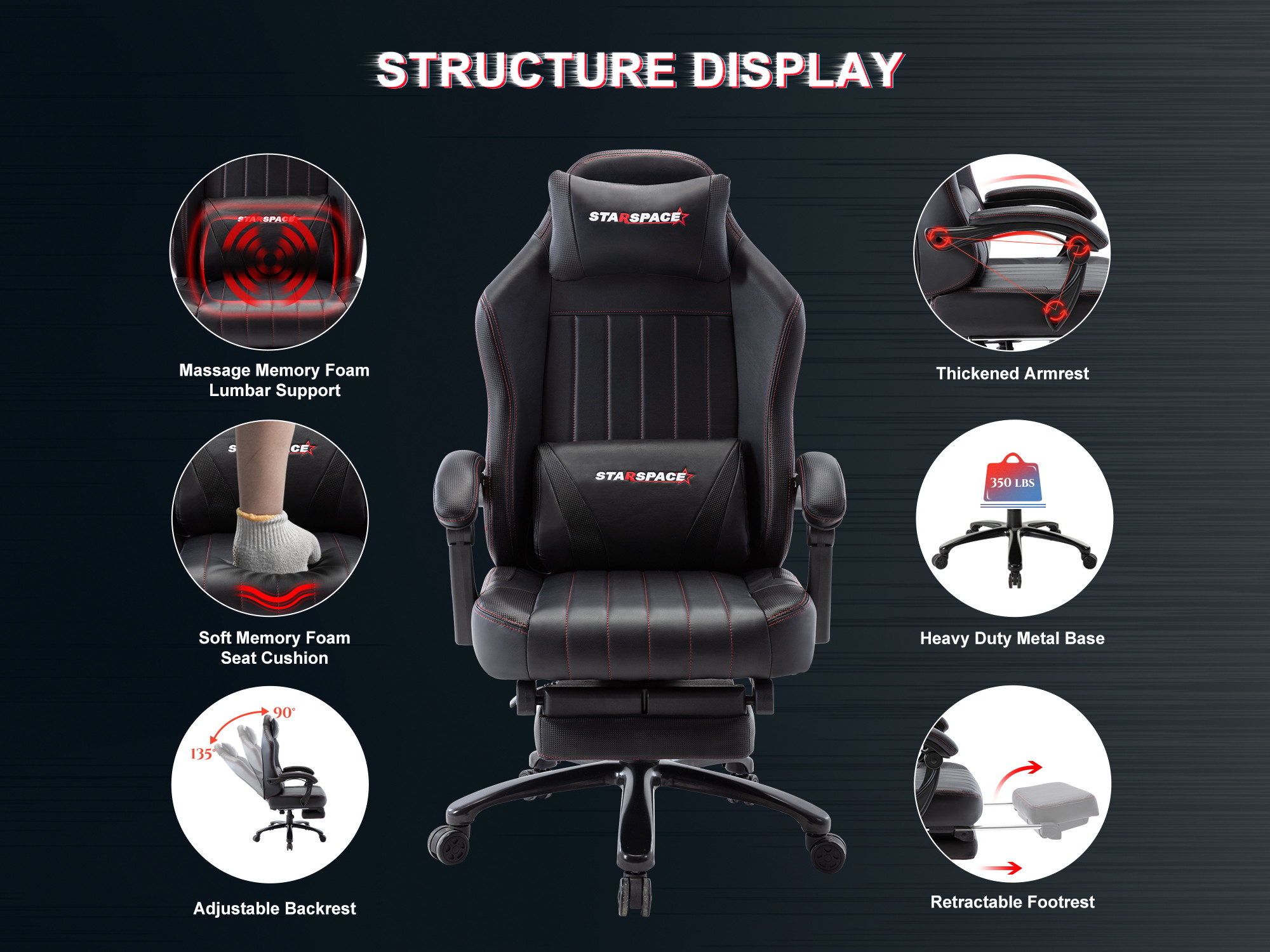 STRASPACE Big & Tall 400lb Memory Foam Reclining Gaming Chair Metal Base - Adjustable Back Angle and Retractable Footrest Ergonomic High-Back Leather Racing Executive Computer Desk Office Chair, Blue