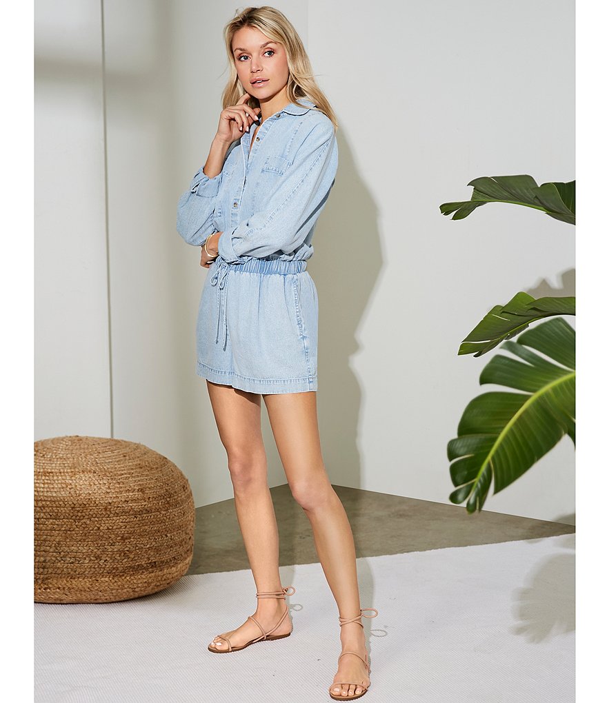 Every Chambray Roll Sleeve Button Down Tie Waist Romper