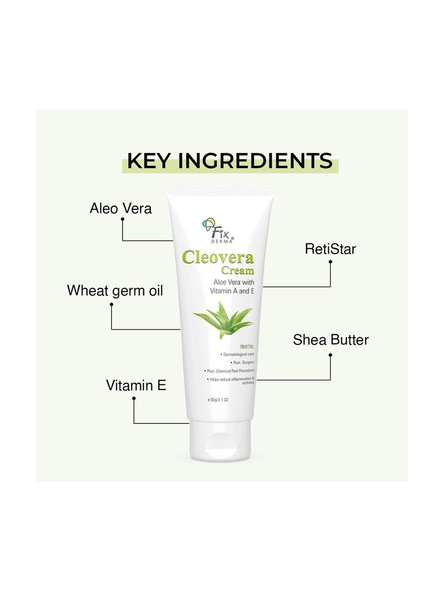 Fixderma Cleovera Cream, Reduces Inflammation, Redness & Calm Irritated Skin, Soothing Cream - 60 gm