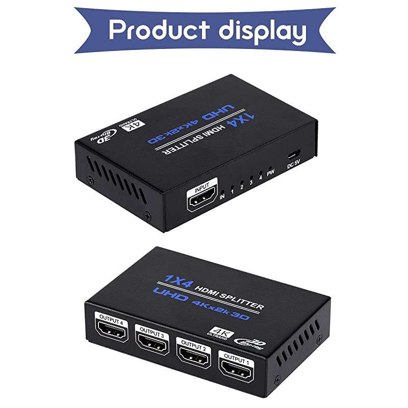 HDMI Splitter, 1 in 4 Out HDMI Splitter Audio Video Distributor Box Support 3D & 4K x 2K Compatible for HDTV, STB, DVD, PS3, Projector Etc