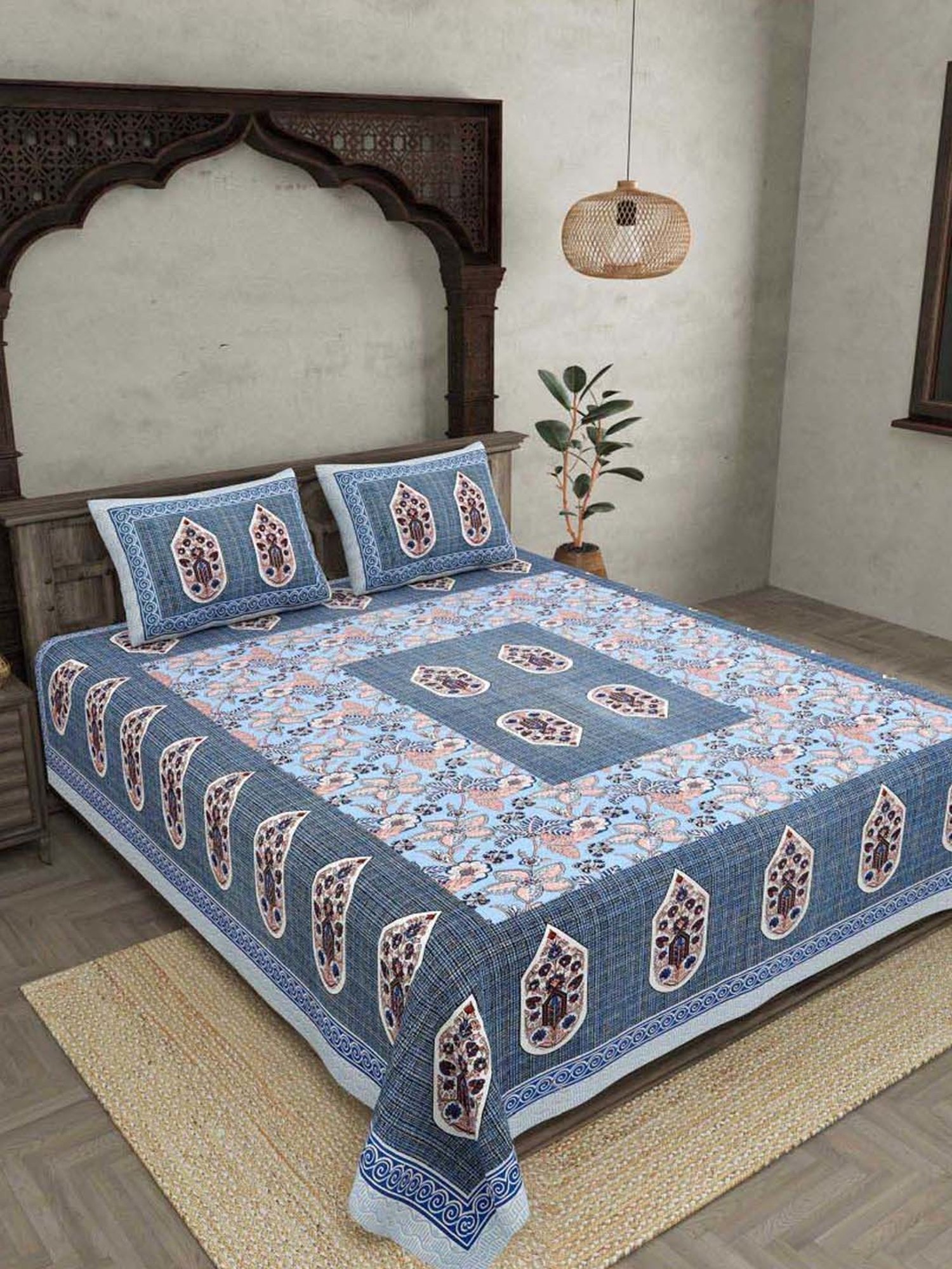 JaipurFabric Vivid Blue Cotton 180 TC Double Bedsheet with 2 Pillow Covers