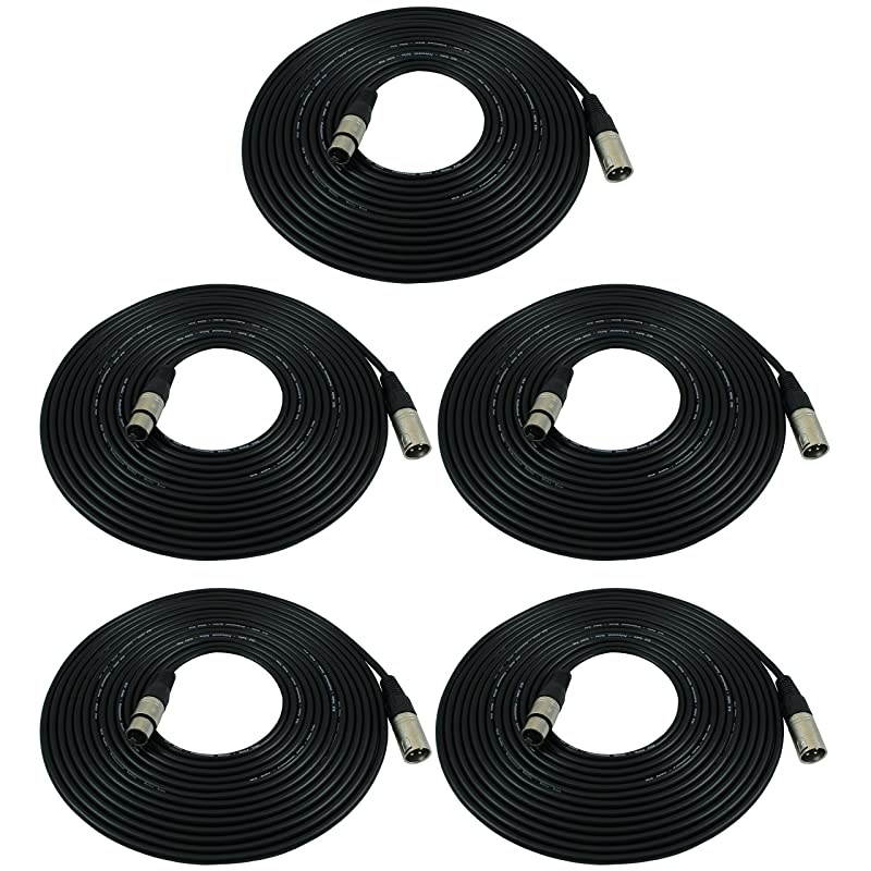 25ft Mic Cable Patch Cords - XLR Male to XLR Female Black Microphone Cables - 25' Balanced Mike Snake Cord - 5 Pack