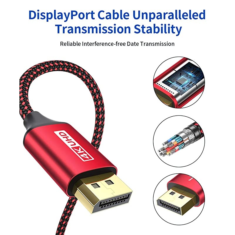 DisplayPort Cable 10FT 4K60Hz  Nylon Braided DP to DP Cord Ultra High Speed for HDTV Graphics Card Projector DP to DP Wire 2K144Hz for Laptop PC TV etc Gaming Monitor Cable Red
