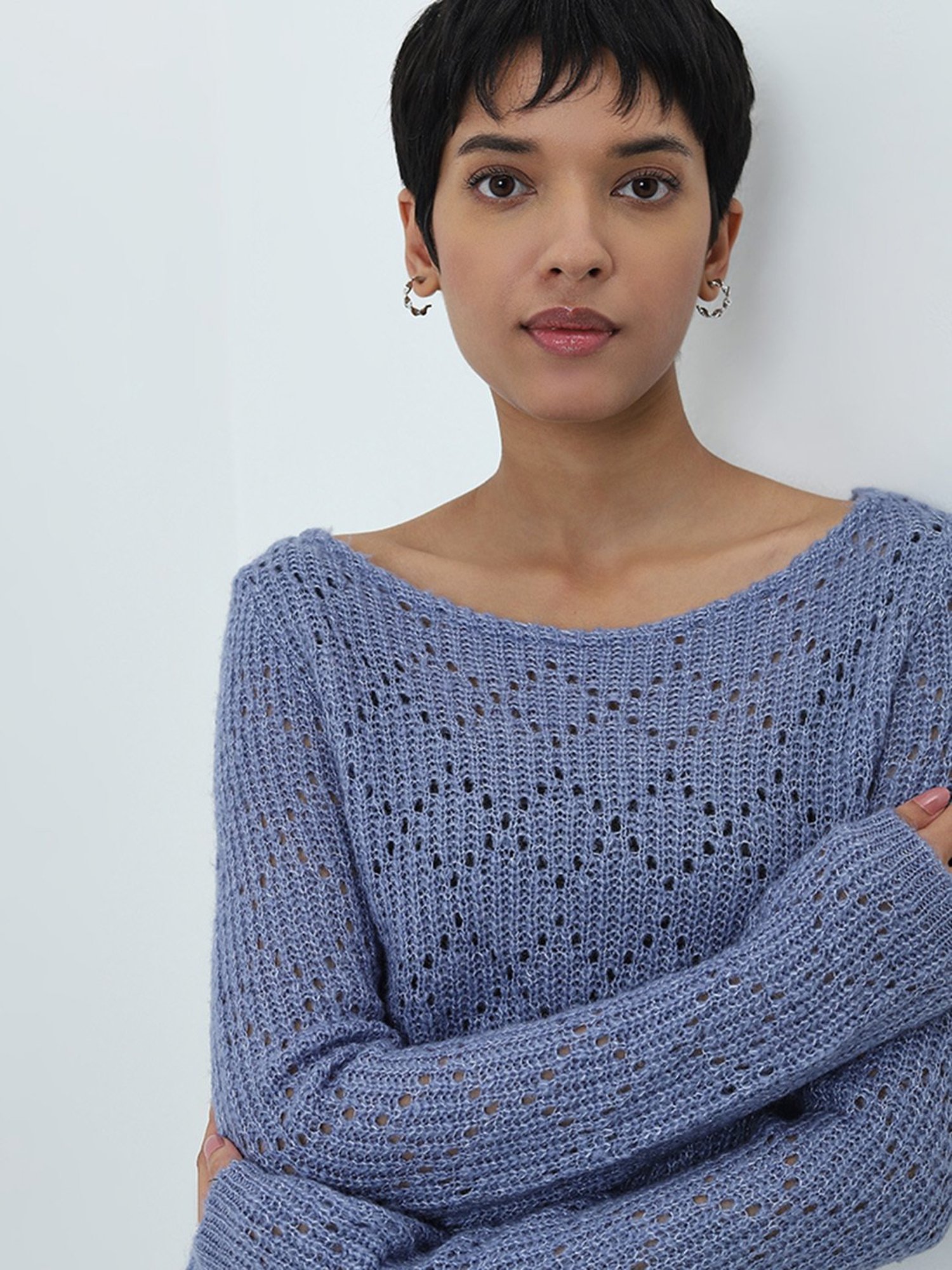 LOV by Westside Blue Knit-Textured Sweater