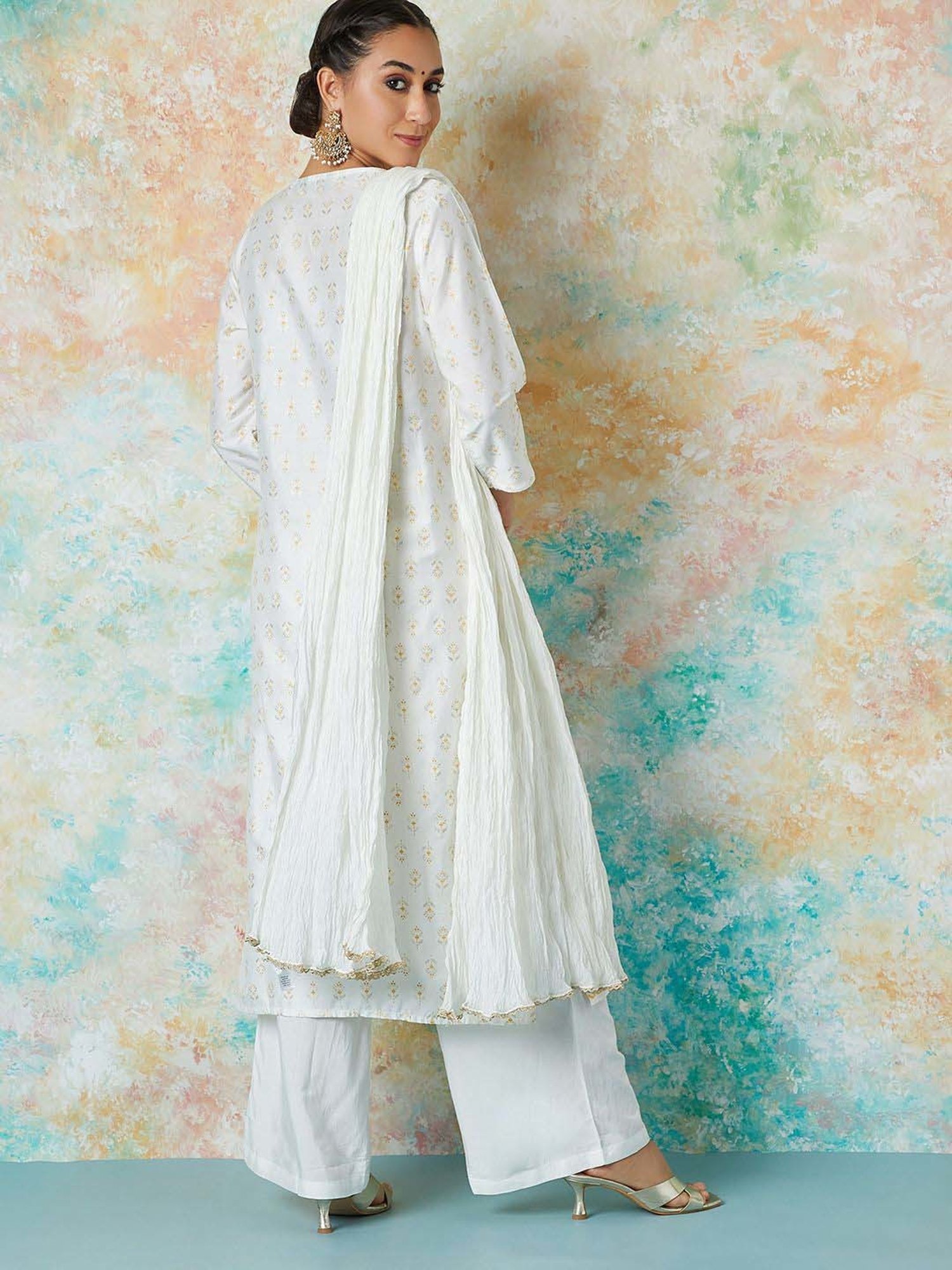 Melange by Lifestyle Off-White Embroidered Kurta Palazzo Set With Dupatta