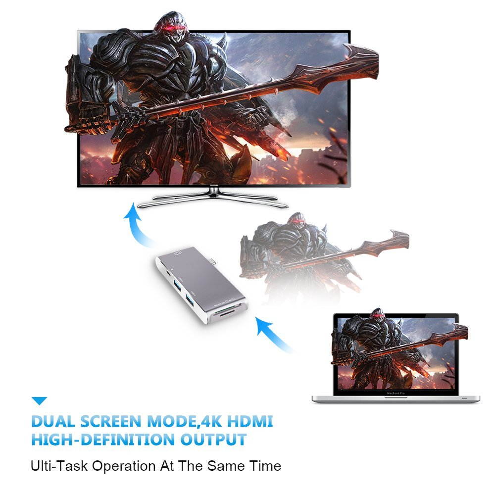 USB C Hub, USB C Adapter Type-C 3.1 with 2 USB-C 3.0 Ports,SD/TF Card Reader,HDMI 4K&PD Charging for Macbook Pro,Micsoft 950XL,Google Chromebook and More Type C Devices (Silver)