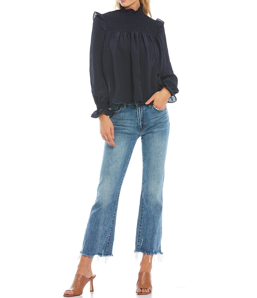 French Connection Boza High Mock Neck Crinkle Smocked Yoke Ruffle Shoulder Detail Blouson Sleeve Top