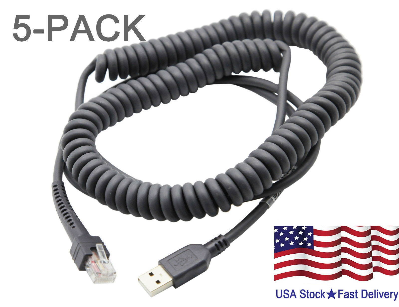 5PC USB Cable Coiled 15ft for Symbol Barcode Scanner ls1203 ls2208 ls3578 DS6708