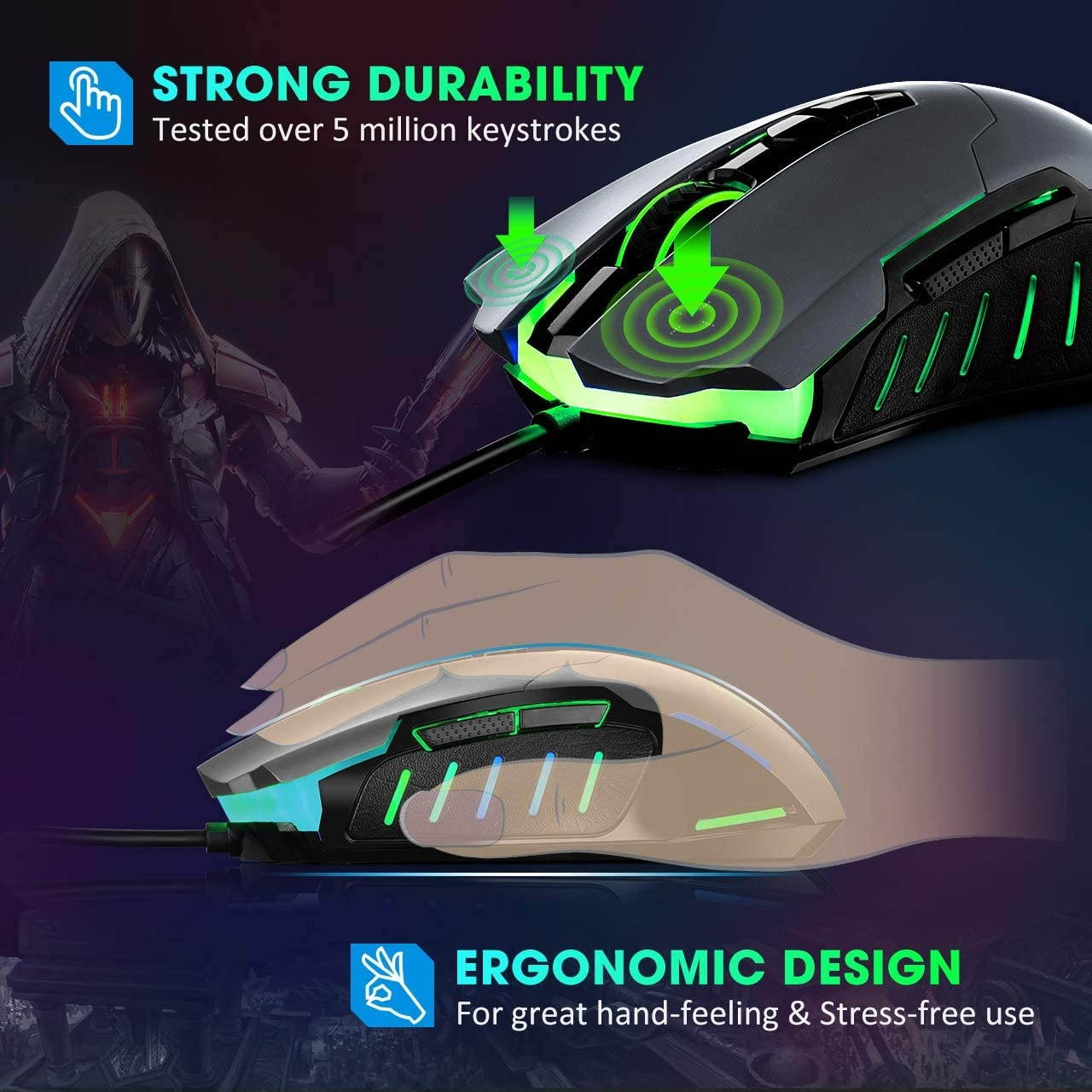 PICTEK Gaming Mouse Wired [7200 DPI] [Programmable] [Breathing Light] Ergonomic USB Computer Mice RGB Laptop PC Gaming Mouse 7 Buttons for Windows 7/8/10/XP Vista Linux Grey