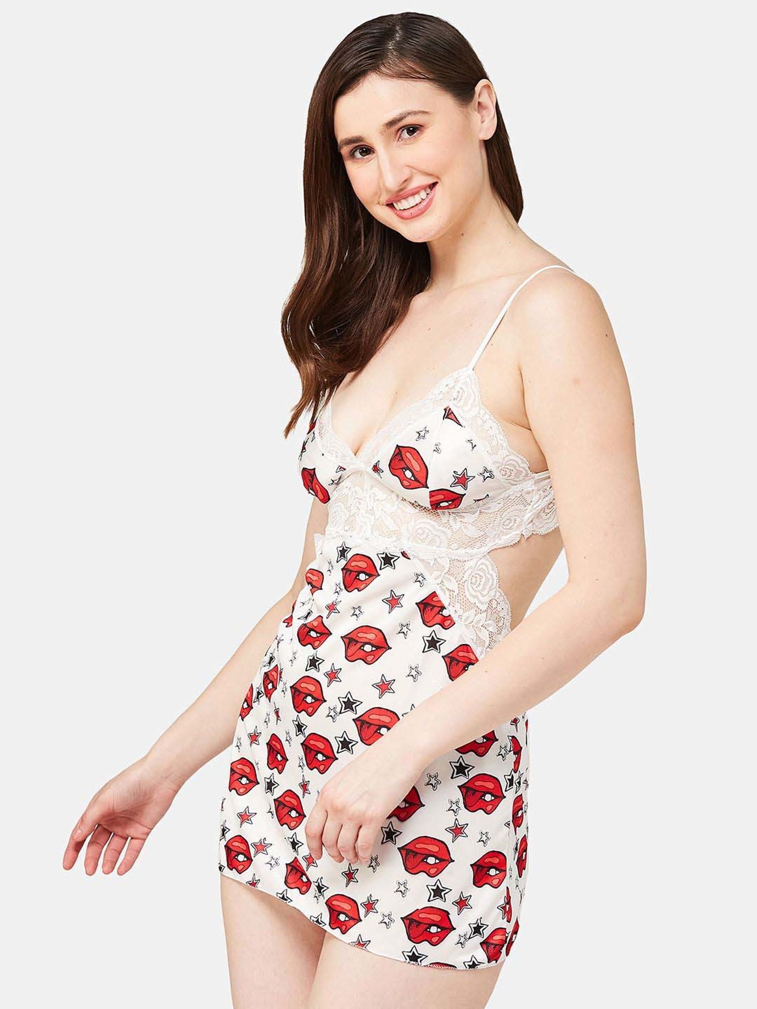 Secrets By ZeroKaata White Printed Babydoll With Panty