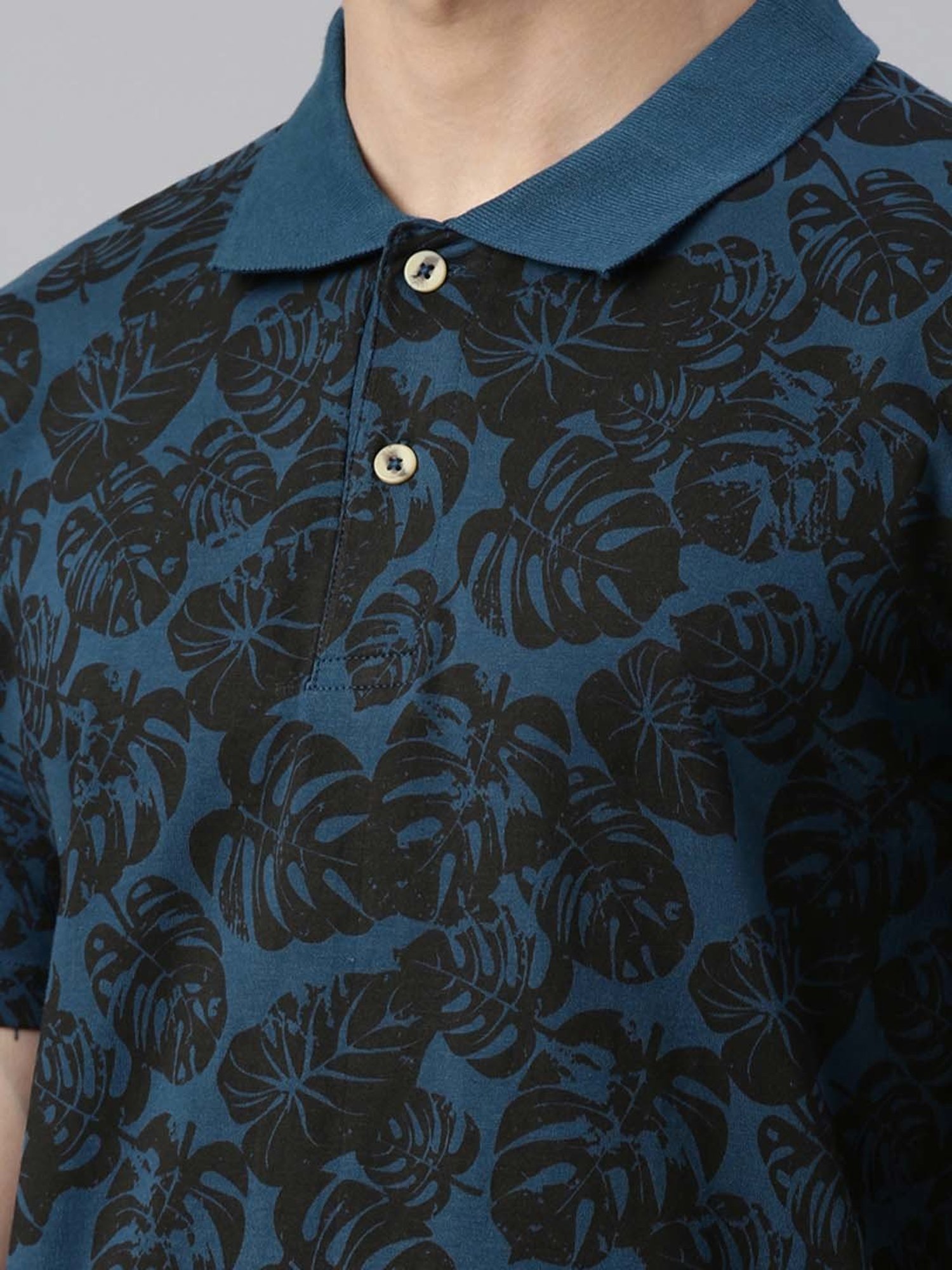 Kryptic Teal & Black Regular Fit Printed Cotton Polo T-Shirt