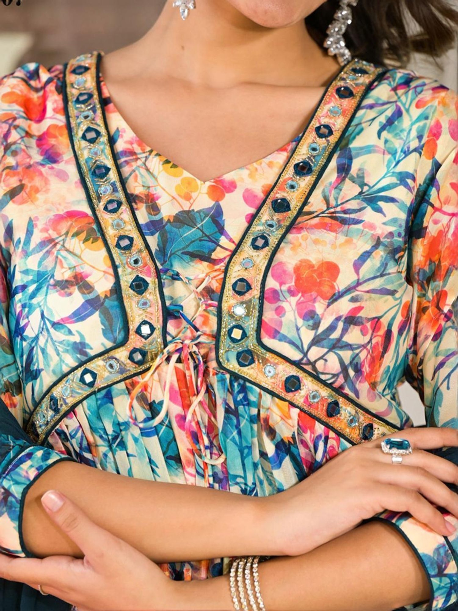 Odette Beige & Green Floral Print Kurta Pant Set With Dupatta