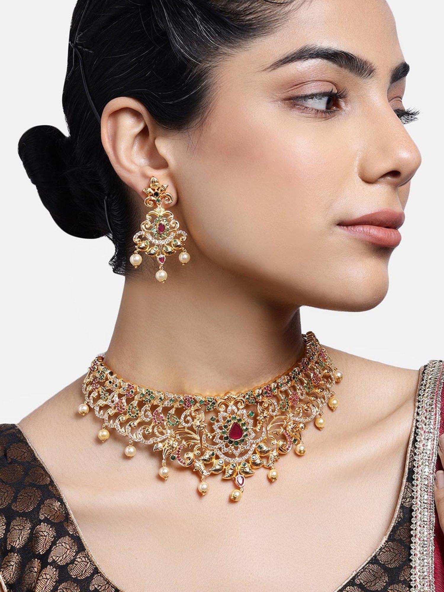 Estele Gold-Plated CZ Magnificent Bridal Necklace Set for Women