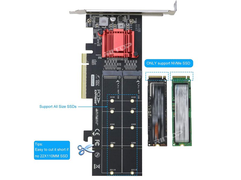 Dual NVMe PCIe Adapter, RIITOP M.2 NVMe SSD to PCI-e 3.1 x8/x16 Card Support M.2 (M Key) NVMe SSD 22110/2280/2260/2242/2230