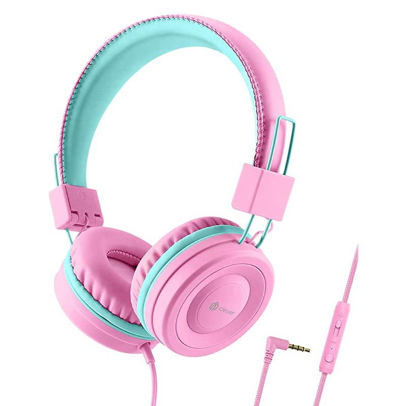 Kids Headphones for School with Microphone - 94dB Volume Control, Wired Headphones for Kids Girls Boys, Adjustable Foldable On-Ear Headphones for Online Learning/iPad/Tablet/Travel, Pink