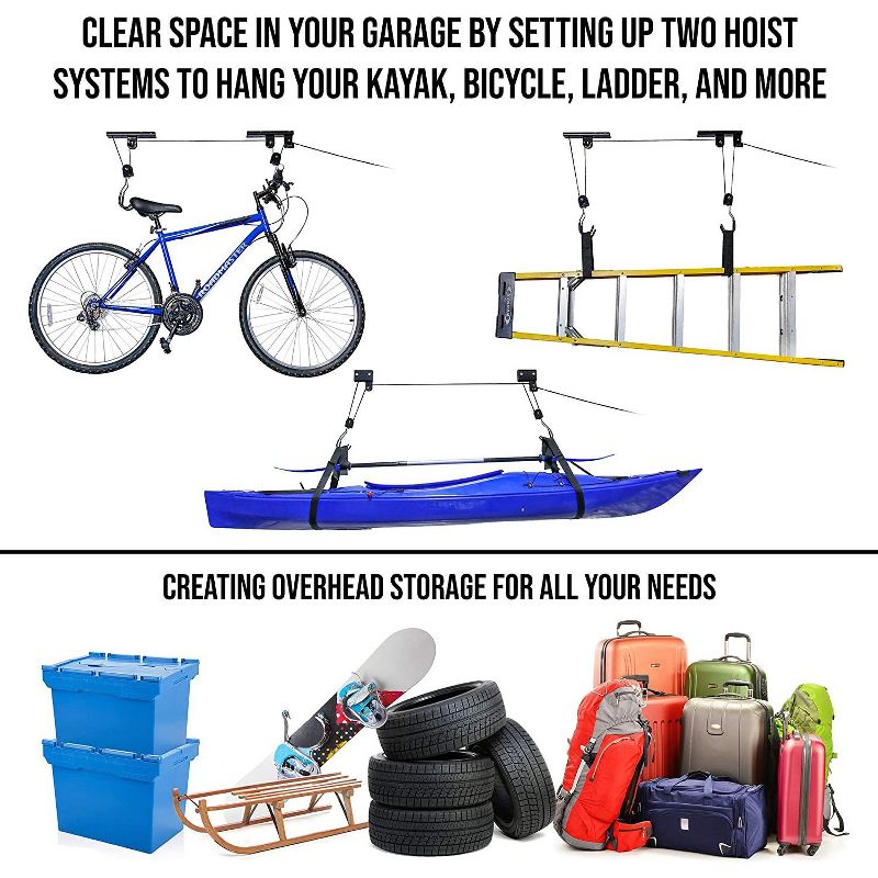 RaxGo Ceiling Garage Storage Hoist System | Pack of 2 Overhead Rack Lifts for Hanging Kayaks, Bicycles, Tools & Other Large Items | Heavy-Duty Bracket Pulley, Ropes & Hardware | Total 121 Lb. Capacity