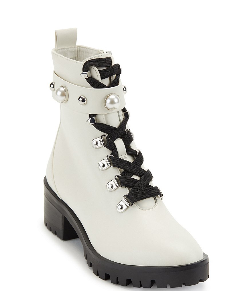 KARL LAGERFELD PARIS Perry Pearl Stud Leather Combat Booties