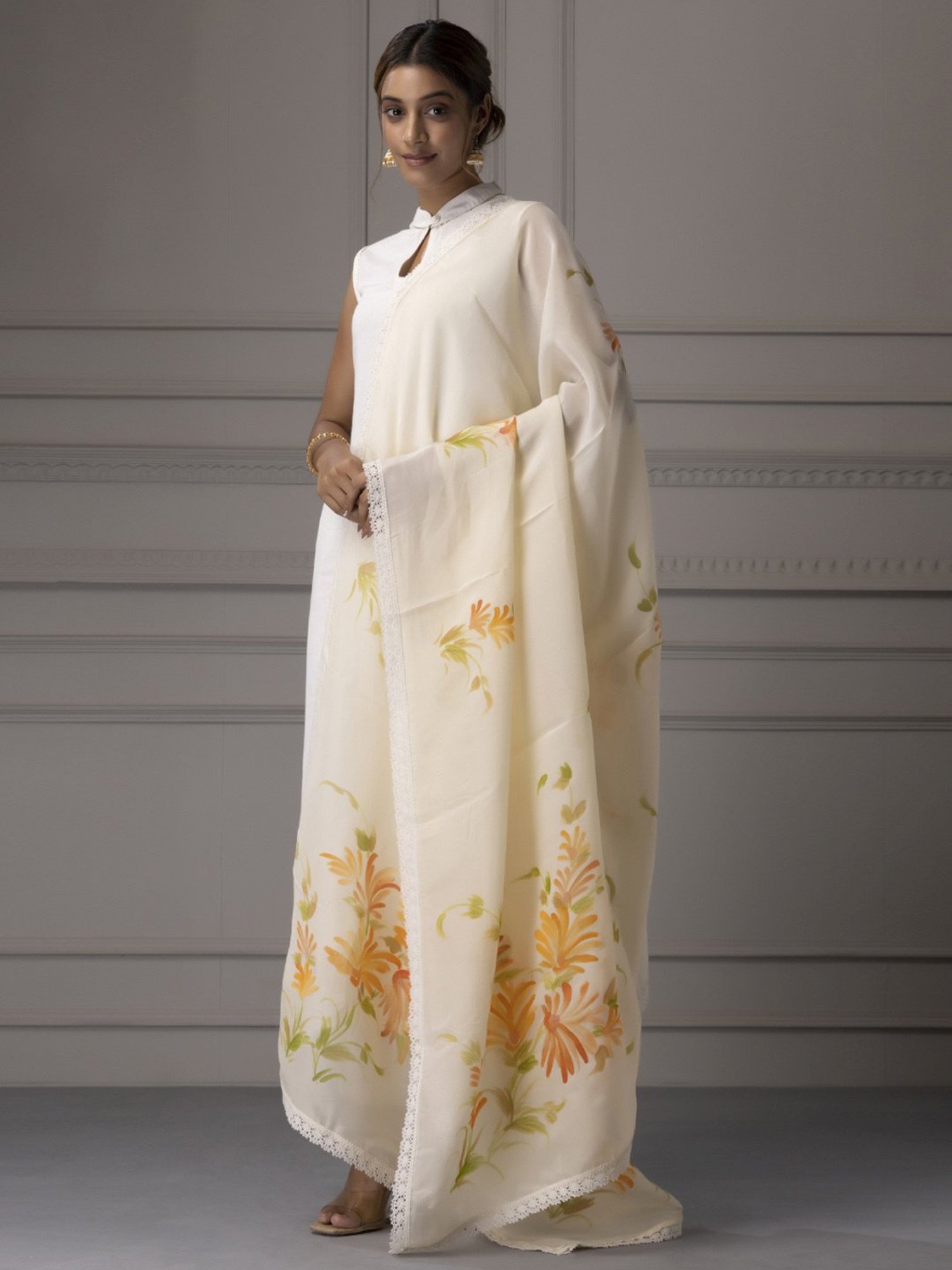 Geroo Jaipur Beige Hand Painted Organza Dupatta With Crochet Lace