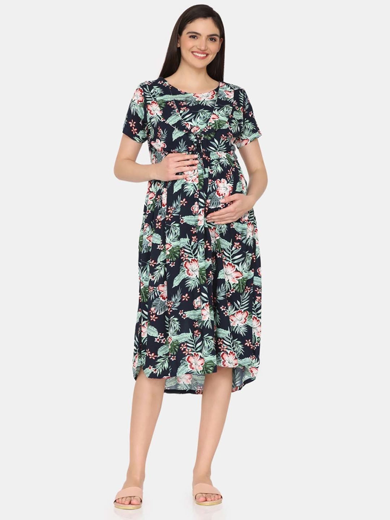 Coucou by Zivame Navy Floral Print Maternity Night Dress