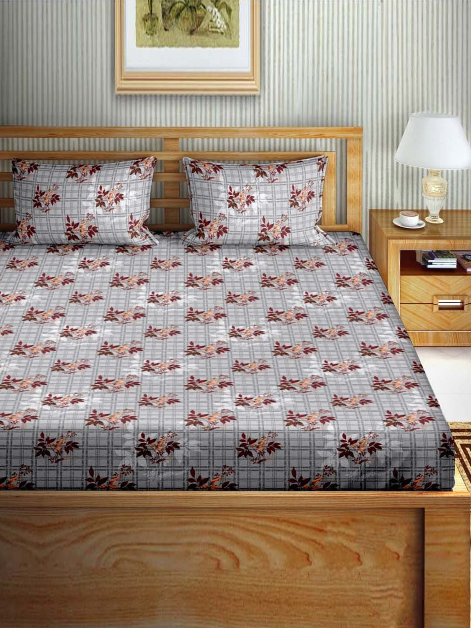 Bella Casa Stella Collection Grey Cotton 180 TC King Size Bedsheet with 2 Pillow Covers