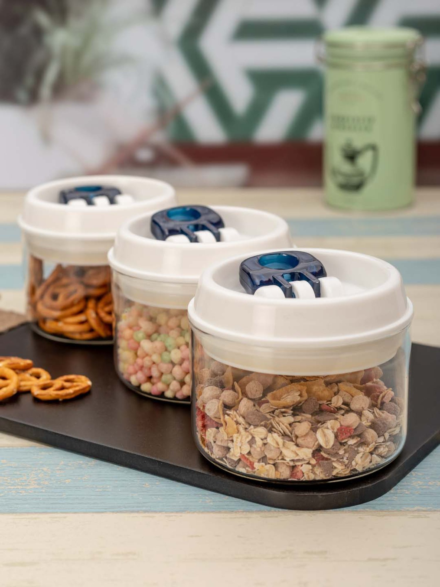 White Gold Transparent Glass Storage Jars with Flip Lock(400 ml) - Set of 3