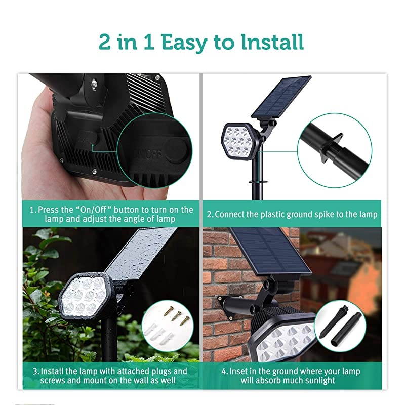 Solar Lights Outdoor,10 LED Landscape Spotlights Solar Powered Wall Lights 2-in-1 Wireless Adjustable Security Decoration Lighting for Yard Garden Walkway Porch Pool Driveway,White 2 Pack