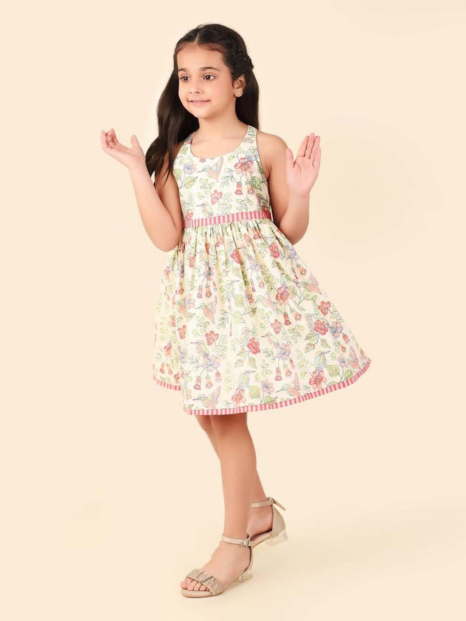Fabindia Kids Off White Cotton Printed Dress