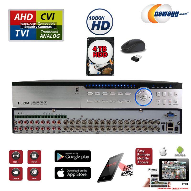 Evertech H.265 32 Channel DVR 4TB Hard Drive for recording AHD TVI CVI Analog Compatible and remote monitoring with free application