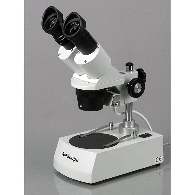 SE306R-P20 Forward-Mounted Binocular Stereo Microscope, WF20x Eyepieces, 40X and 80X Magnification, 2X and 4X Objectives, Upper and Lower Halogen Lighting, Reversible Black/White Stage Plate, Pillar