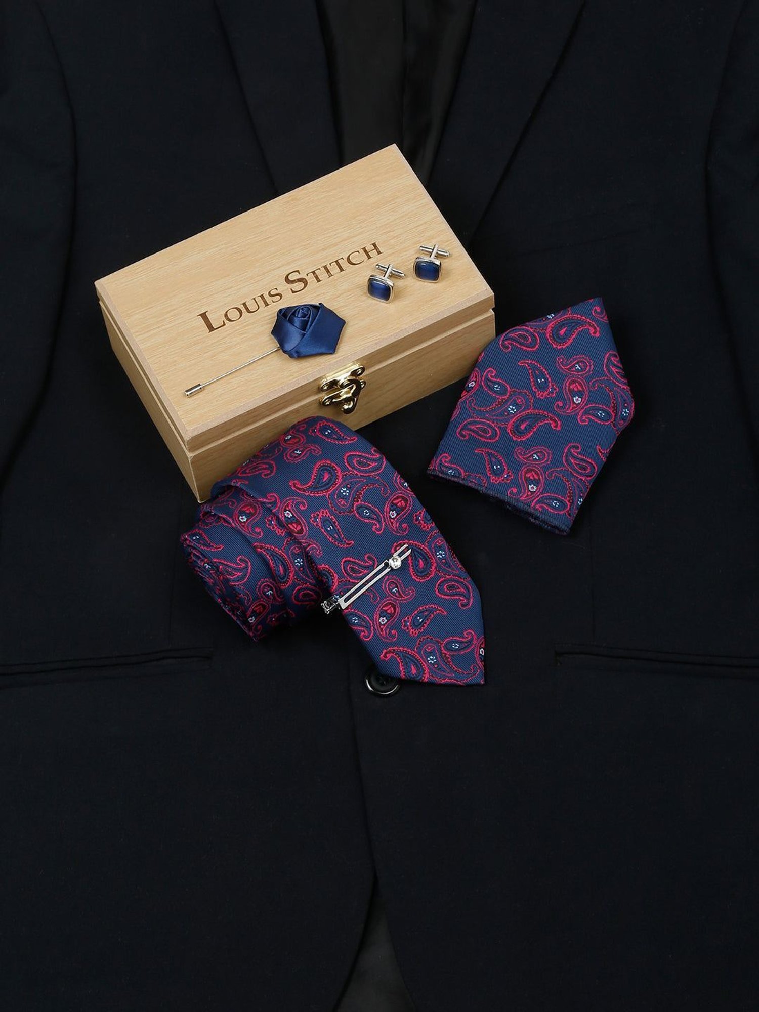 Louis Stitch Blue Printed Necktie Gift Set - Set of 3