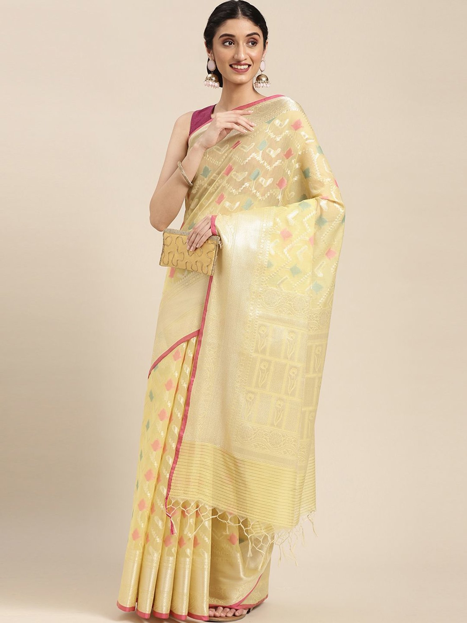 Banarasi Silk Works Yellow Cotton Woven Saree With Unstitched Blouse