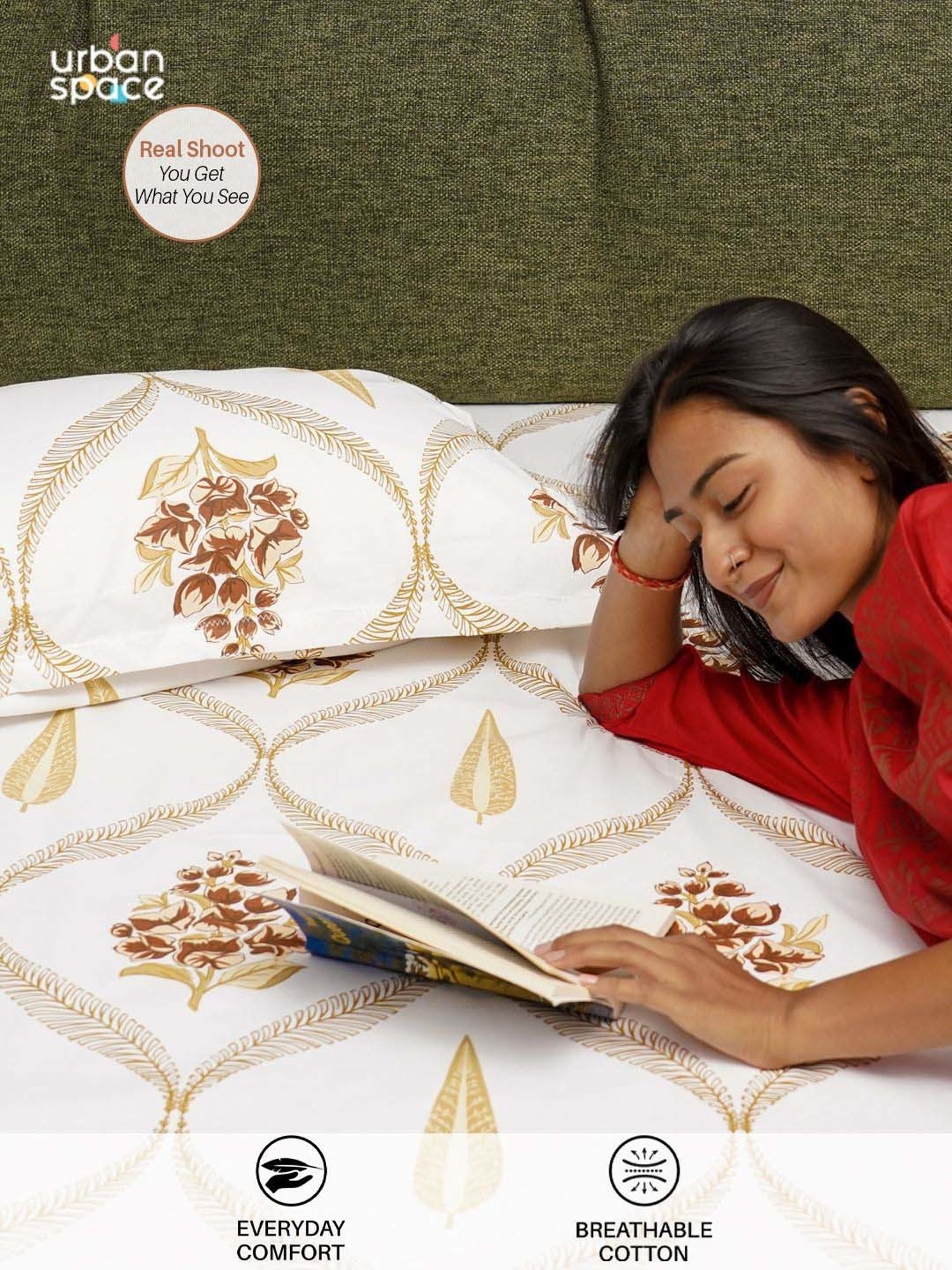 Urban Space Brown & White Cotton 200 TC Floral Moroccan Printed Single Bedsheet with 1 Pillow Cover